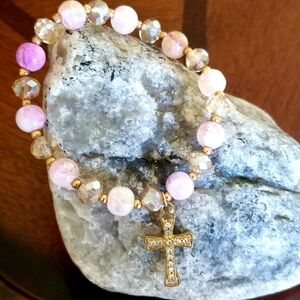Pink and Gold Beaded Cross Bracelet Stretch Bracelet